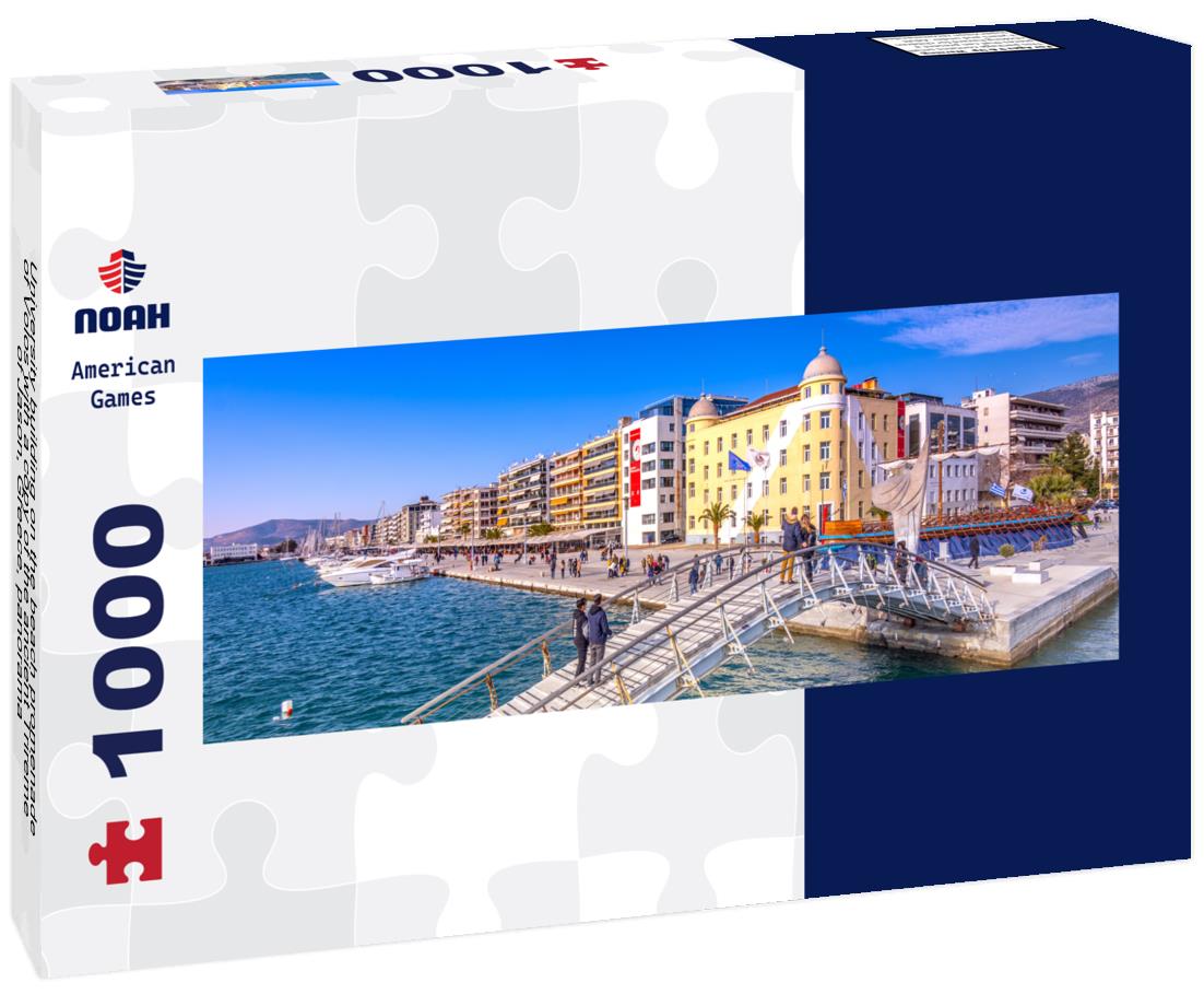 Noah Jigsaw Puzzle University building on the beach promenade of Volos with a copy of the ancient Trireme of Jason, Greece, panorama Panorama 1000 Pieces