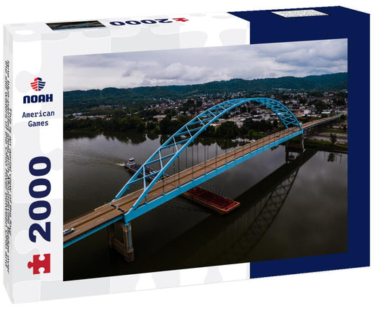 Noah Jigsaw Puzzle four-lane blue-painted steel arch Moundsville Bridge over the still waters of the Ohio River between Ohio and Moundsville, West Virginia 2000 pieces