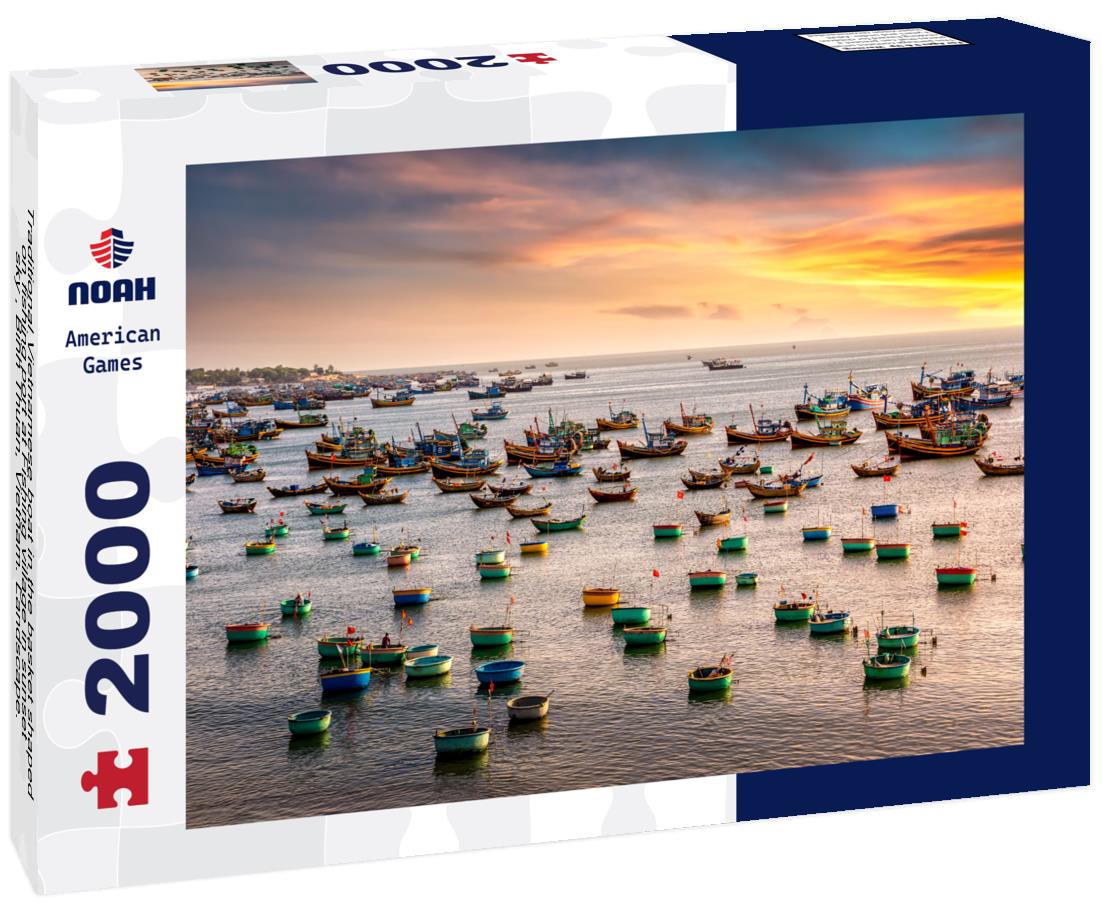 Noah Jigsaw Puzzle Traditional Vietnamese boat in the basket shaped on fishing port at Fishing village in sunset sky , Binh Thuan, Vietnam 2000 pieces