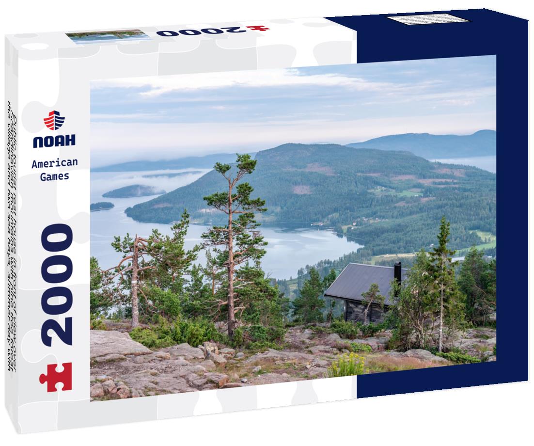 Noah Jigsaw Puzzle tourist rest house in front of view over Scandinavian mountains with pine tree forest, the village and two sea bays, summer day with heavy dramatic clouds, North Sweden 2000 pieces