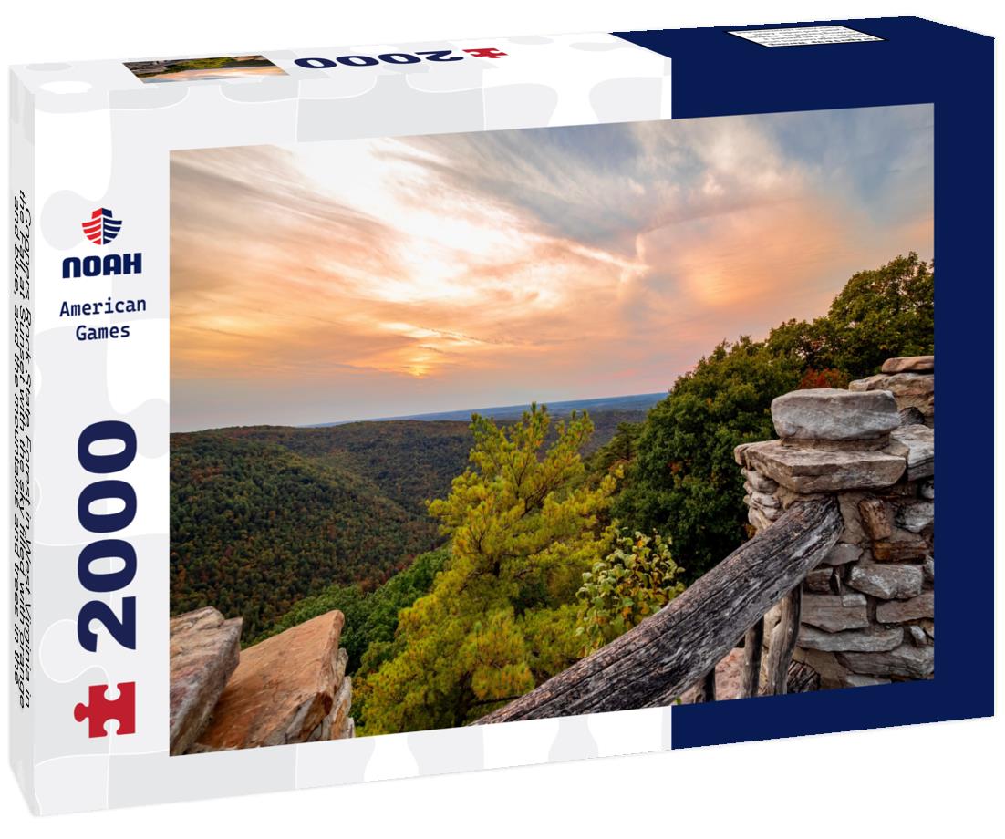 Noah Jigsaw Puzzle Coopers Rock State Forest in West Virginia in the Fall at Sunset with the sky filled with orange and blue, and the mountains and trees in the distance 2000 pieces