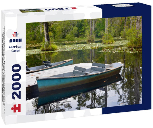 Noah Jigsaw Puzzle Cypress Gardens in Moncks Corner near Charleston in South Carolina, turquoise row boats at the landing stage, summer, water lilies, reflections in water, movie location 2000 pieces