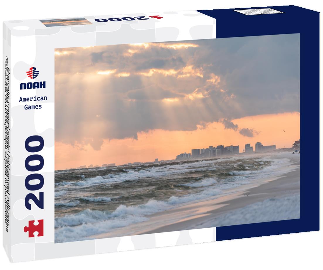 Noah Jigsaw Puzzle Dramatic magical pastel light sunset with sun rays in Santa Rosa Beach, Florida with Pensacola coastline coast cityscape skyline in panhandle and ocean gulf mexico waves 2000 pieces