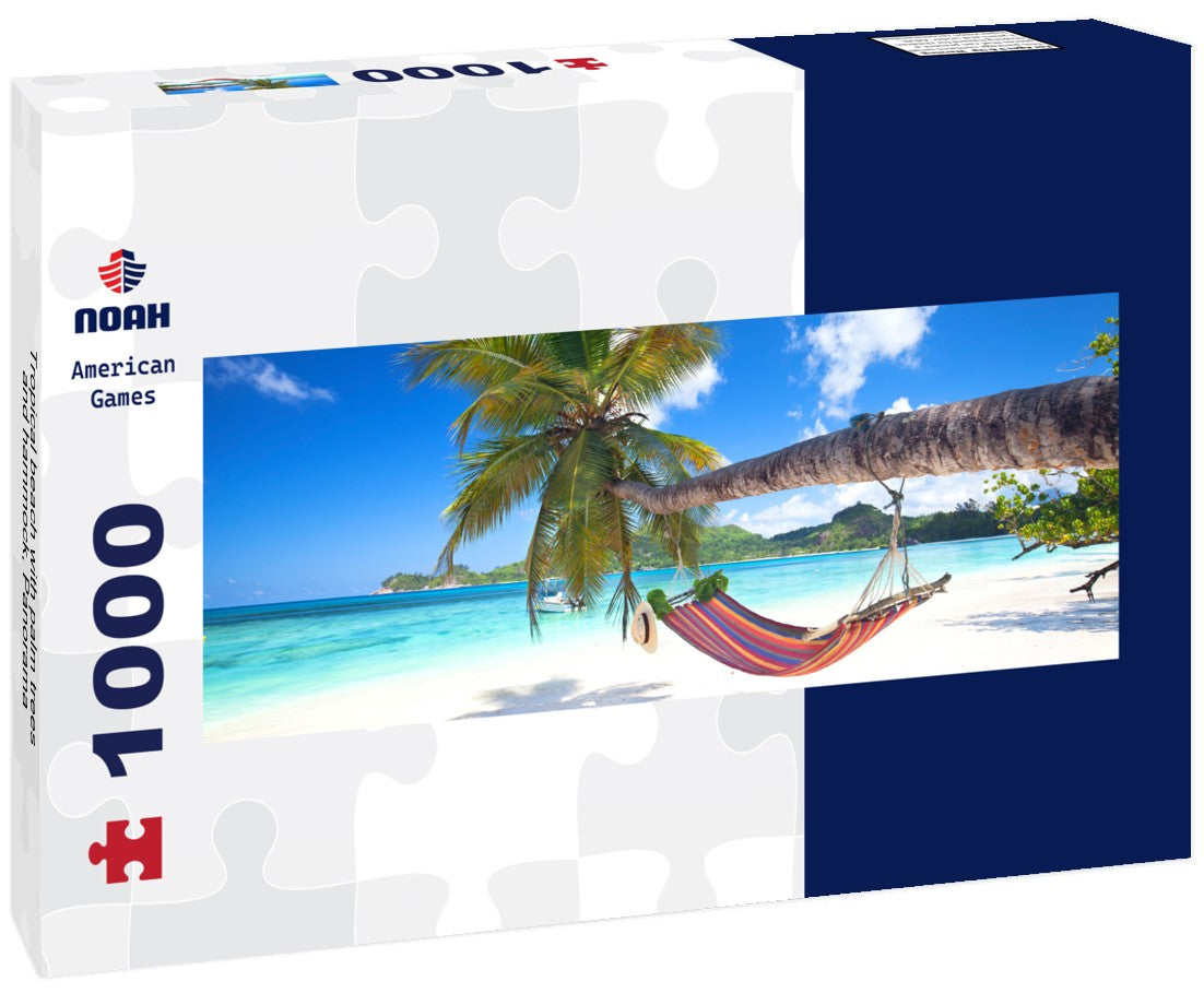 Noah Jigsaw Puzzle Tropical beach with palm trees and hammock, Panorama 1000 Pieces