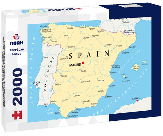 Noah Jigsaw Puzzle Political map of Spain with the capital Madrid, national borders, most important cities, rivers and lakes 2000 Pieces