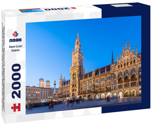 Noah Jigsaw Puzzle Marienplatz, Munich City Beautiful panoramic scenic skyline view cityscape of Munich night illuminated architecture under clear blue sky: New Town Hall and Frauenkirche at night, Bavaria, Germany 2000 Pieces