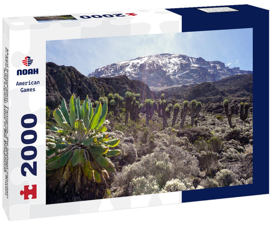 Noah Jigsaw Puzzle Mount Kilimanjaro, Tanzania, the highest mountain in Africa with snow. Landscape with yellow flowers and tropical trees in the foreground 2000 pieces