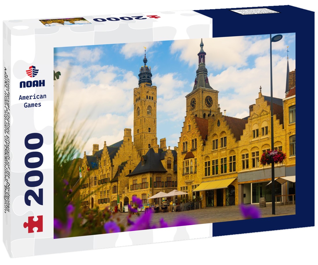 Noah Jigsaw Puzzle medieval Gothic church of St. Nicholas, town hall and old buildings on the Grote Markt, main square of Diksmuide, Belgium 2000 pieces
