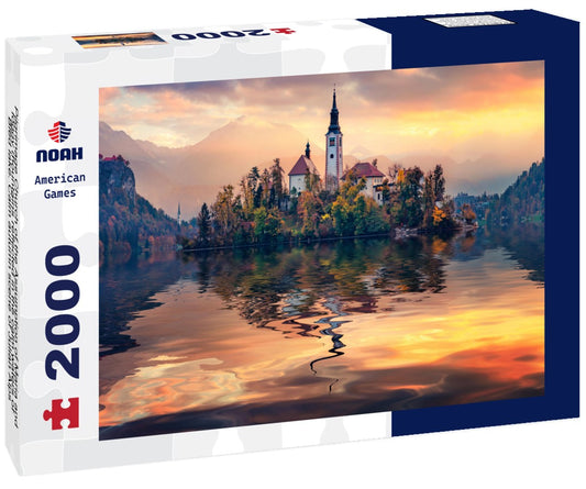 Noah Jigsaw Puzzle Pilgrimage Church of the Assumption of Maria and foggy mountains reflected in the calm waters of Bled lake. Calm autumn scene of Julian Alps 2000 pieces