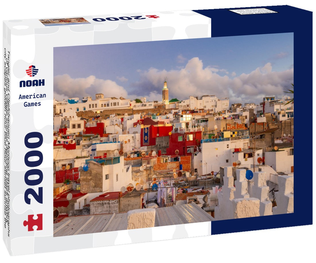 Noah Jigsaw Puzzle Tangier and Chefchaouen Morocco travel photographs of various village scenes depicting stairs artwork city scapes golden hour blue hour sunset sunrise the blue city with blue painted walls hearts 2000 pieces