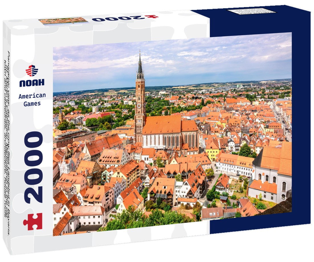 Noah Jigsaw Puzzle Panoramic view, as the crow flies Landshut in Bavaria. St. Martin's Cathedral, Martinskirch in the old town and cathedrals, architecture, house roofs, streets and landscape, Landshut, Germany 2000 pieces
