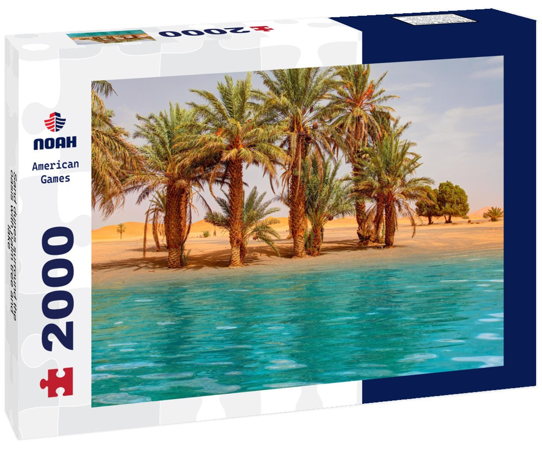 Noah Jigsaw Puzzle Sand dunes surround the oasis with palm tree and lake - Sahara, Morocco 2000 pieces