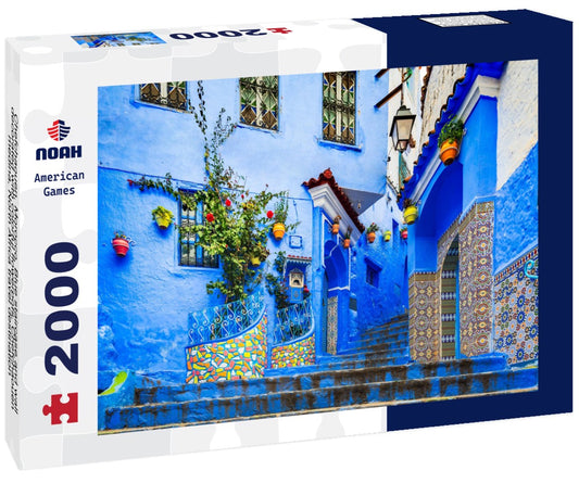Noah Jigsaw Puzzle Chefchaouen, Morocco. Blue staircase and wall decorated with colorful flowerpots, Chefchaouen medina, North Africa travel destination 2000 pieces