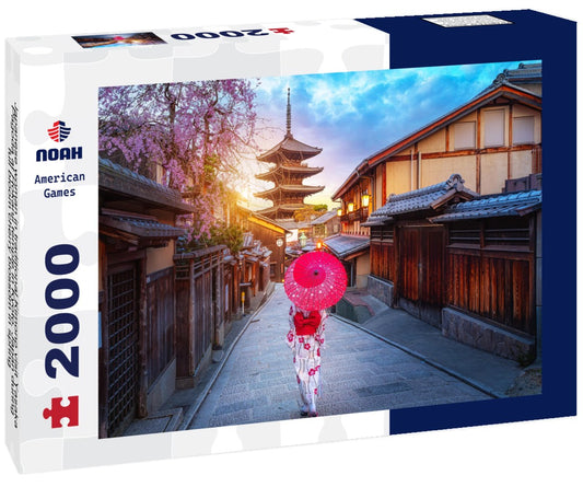 Noah Jigsaw Puzzle Japanese woman in traditional Kimono visit Yasaka Pagoda at Hokanji temple in Kyoto, Japan during full bloom cherry blossom in spring 2000 pieces