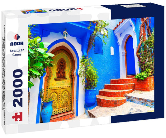 Noah Jigsaw Puzzle Chefchaouen, Morocco: Blue narow stairs with colourful walls and flowerpots into old walled city, or medina, North Africa travel destination 2000 pieces