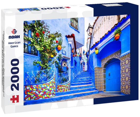 Noah Jigsaw Puzzle Chefchaouen, Morocco. Blue staircase and wall decorated with colorful flowerpots, North Africa travel destination 2000 pieces
