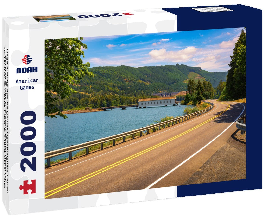 Noah Jigsaw Puzzle Road curving around Dexter Reservoir with Lowell Covered Bridge in Oregon. Dexter Reservoir, also known as Dexter Lake, is a reservoir in Lane County formed on the Middle Fork Willamette River 2000 pieces