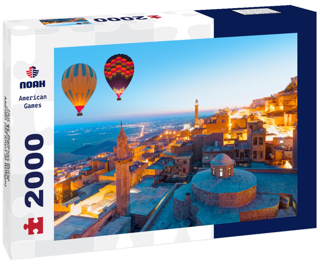 Noah Jigsaw Puzzle Hot air Balloon flying over Mardin old town - Mardin old town at twilight blue hour - Mardin, Turkey 2000 pieces