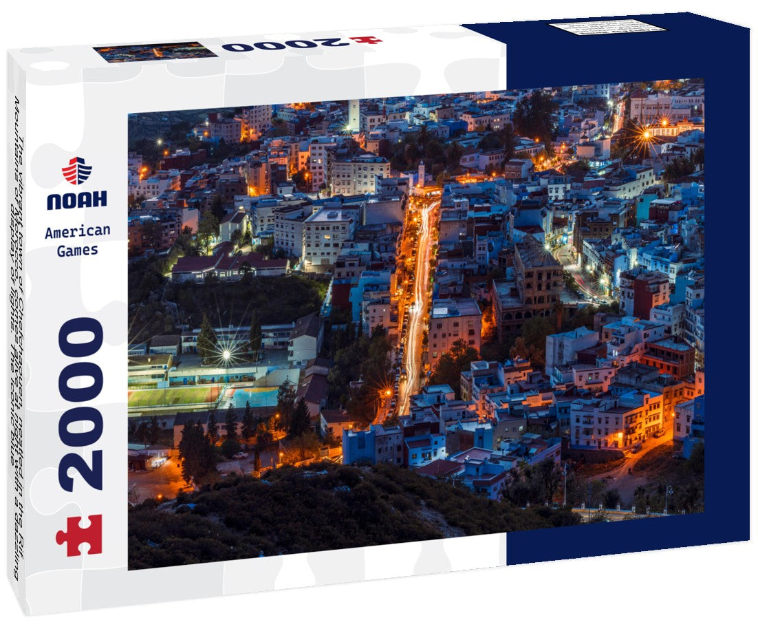 Noah Jigsaw Puzzle The vibrant town of Chefchaouen, nestled in the Rif Mountains of Morocco, comes alive at night with a dazzling display of lights. The iconic blue-washed buildings create a magical and picturesque view 2000 pieces