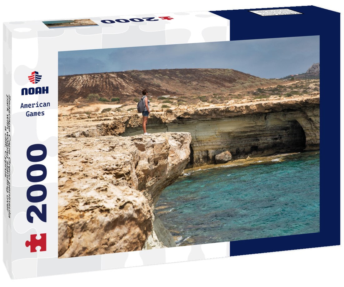 Noah Jigsaw Puzzle Seascape Cape Greco peninsula park with woman standing over a cliff, Cyprus 2000 pieces