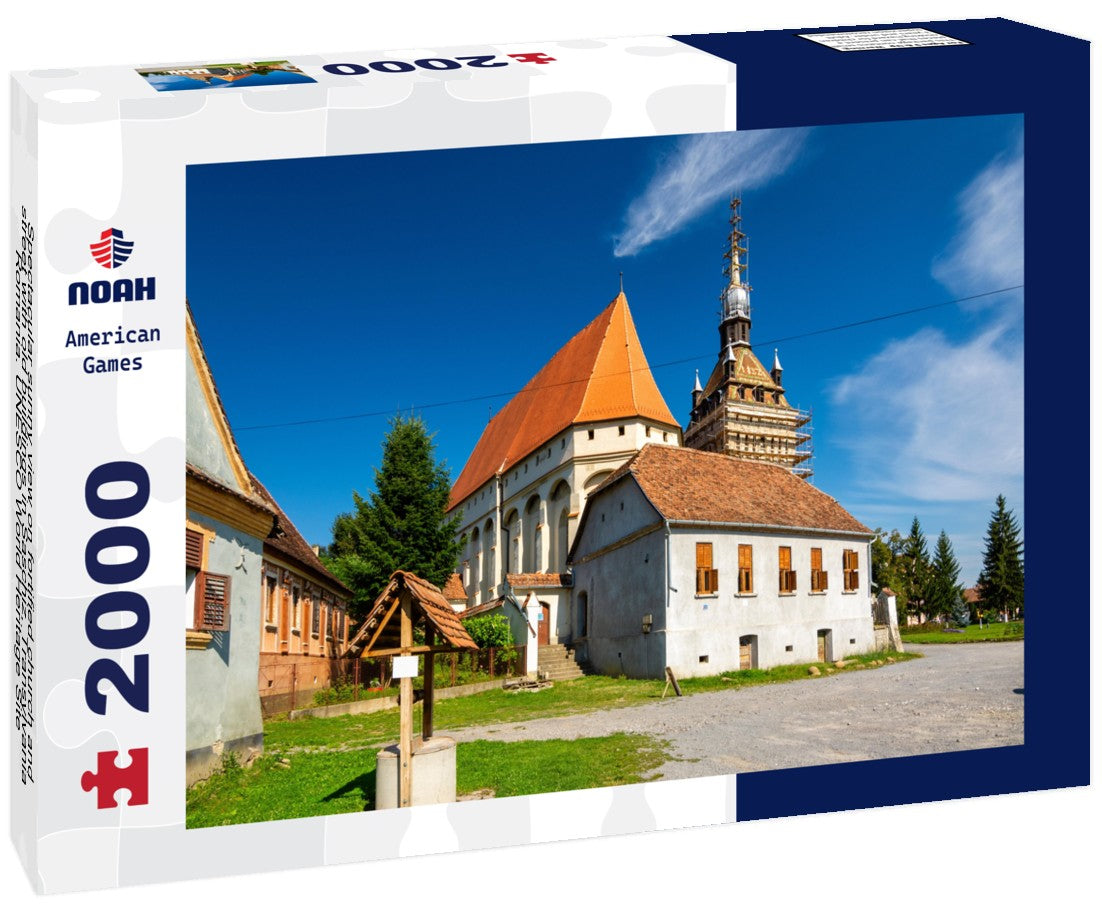 Noah Jigsaw Puzzle Spectacular sunny view on fortified church and street with old buildings in Saschiz, Transylvania, Romania. UNESCO World Heritage Site 2000 pieces