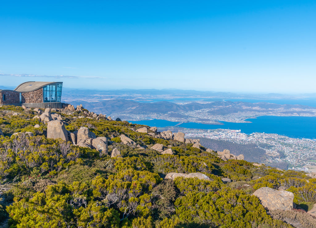View of Hobart and Pinnacle shelter at Mount Wellington, Australia