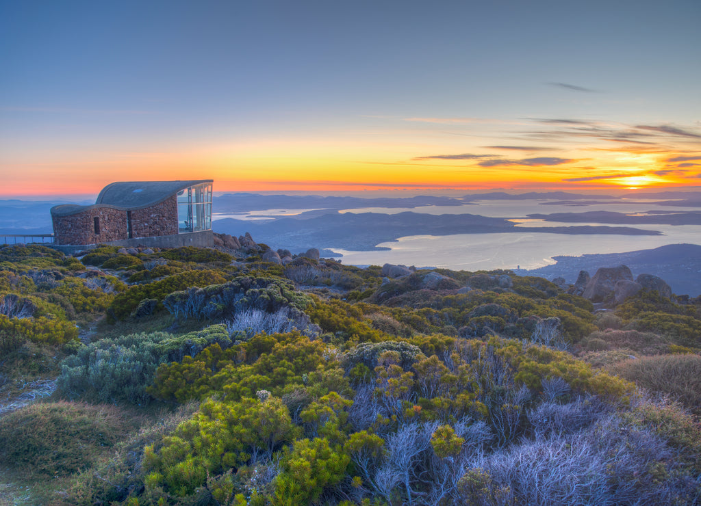 Sunrise view of Pinnacle shelter at Mount Wellington in Hobart, Australia