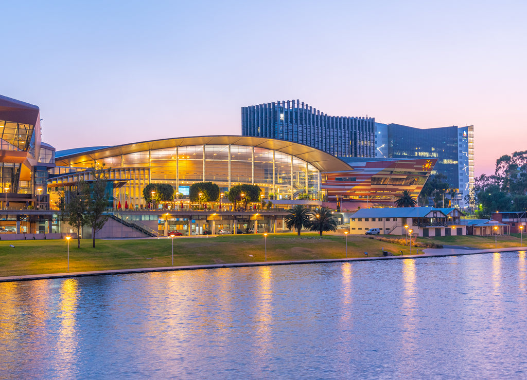 Sunset view of Adelaide Convention center on Riverside of Torrens in Australia