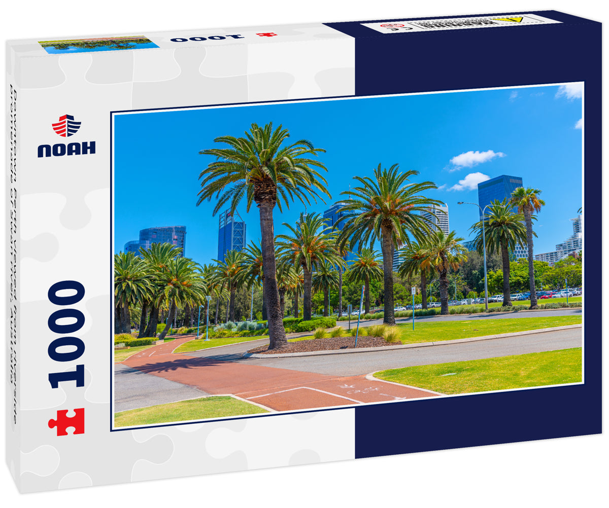 Downtown Perth viewed from riverside promenade of Swan river, Australia