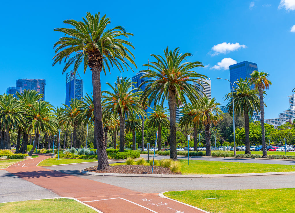 Downtown Perth viewed from riverside promenade of Swan river, Australia