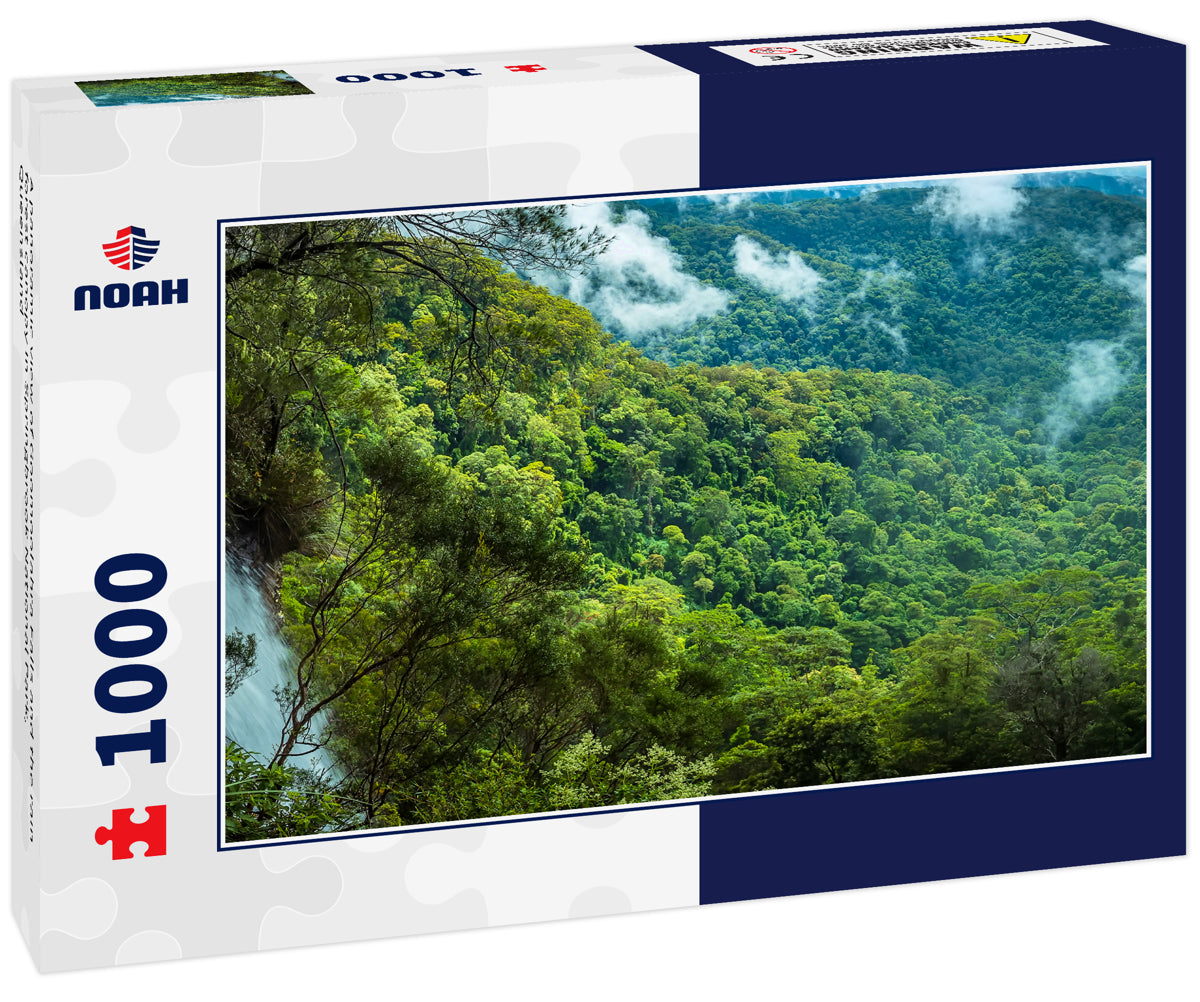 A panoramic view of Goomoolahra Falls and the rain forest canopy in Springbrook National Park, Queensland