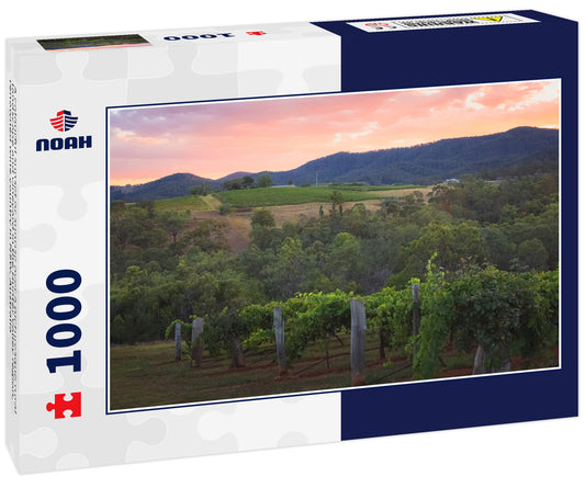 A colourful sunset or sunrise over a picturesque rural landscape and vineyard in the Hunter Valley region, renowned wine country in NSW, Australia