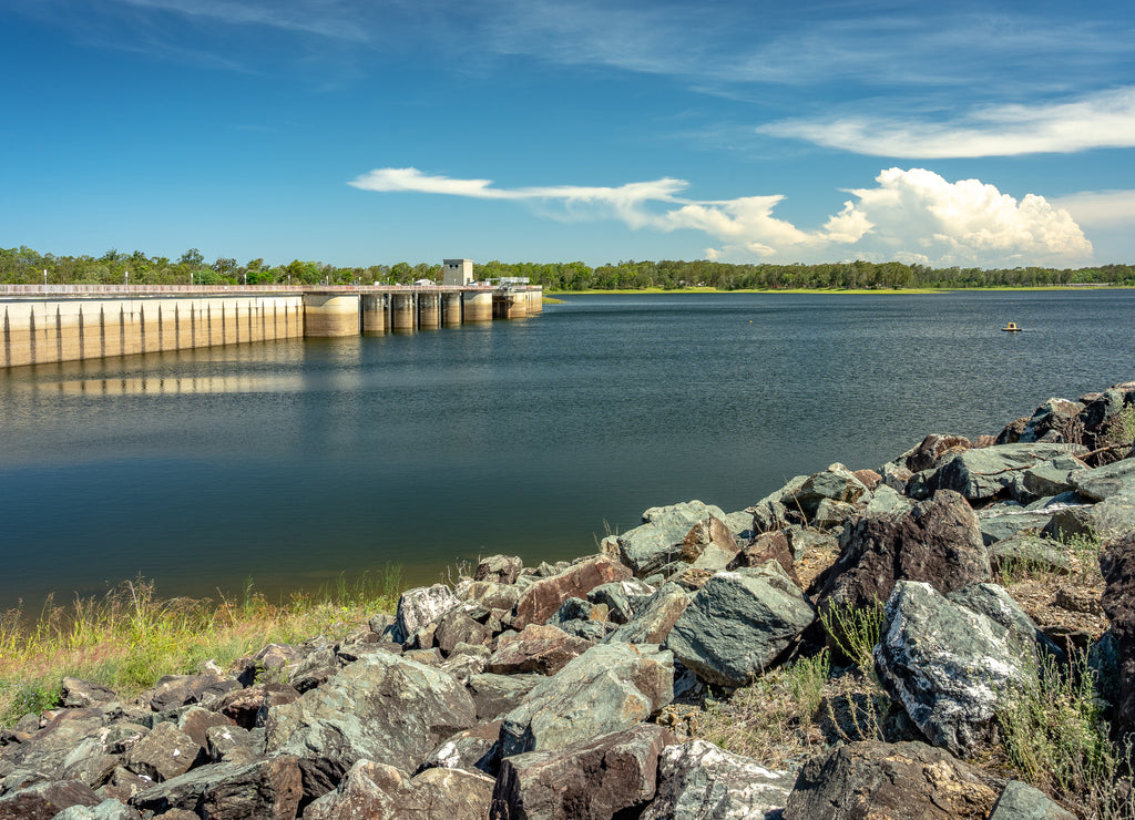North Pine Dam built in 1976 with a concrete spillway across the North Pine River in South East Queensland, Australia