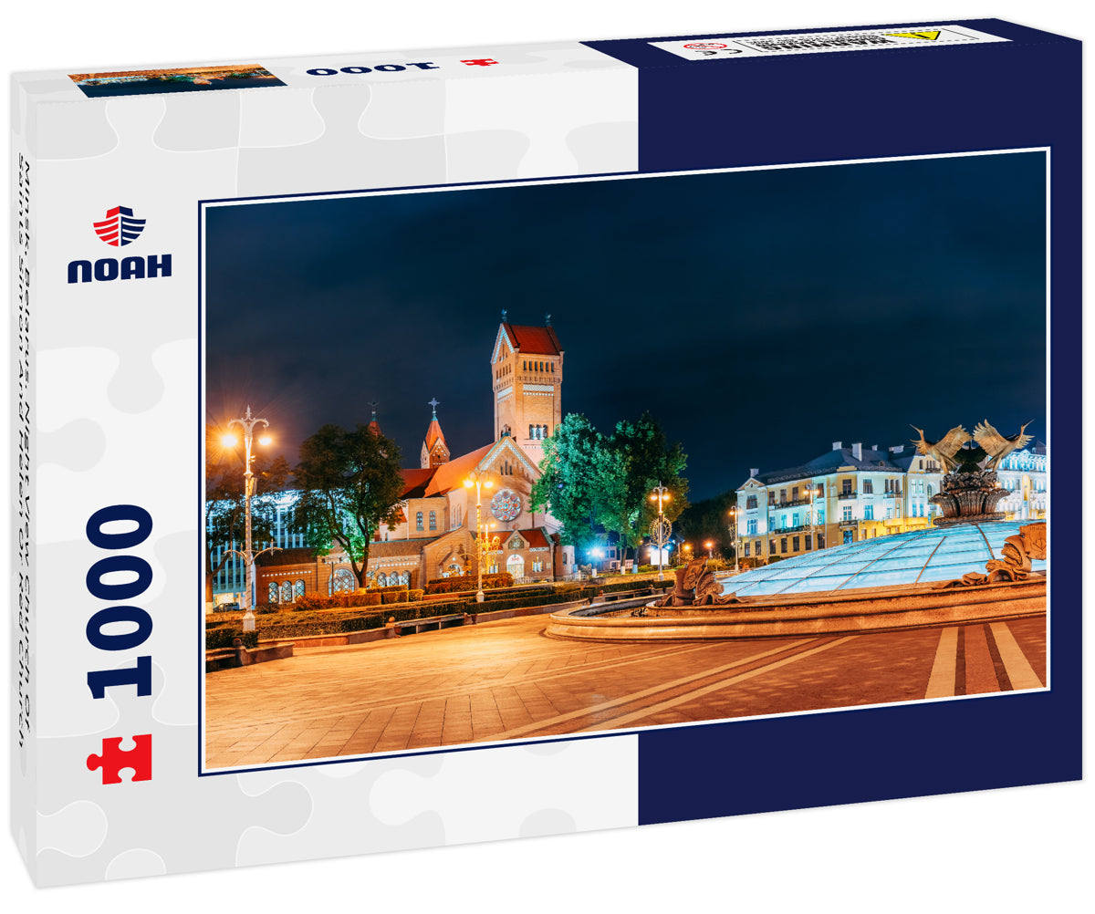 Minsk, Belarus. Night View Church Of Saints Simon And Helen Or Red Church