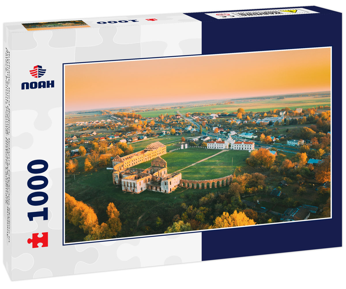 Ruzhany, Brest Region, Belarus. Cityscape Skyline In Autumn Sunny Evening. Bird's-eye View Of Ruzhany Palace. Famous Popular Historic Landmark