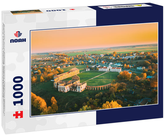 Ruzhany, Brest Region, Belarus. Cityscape Skyline In Autumn Sunny Evening. Bird's-eye View Of Ruzhany Palace. Famous Popular Historic Landmark