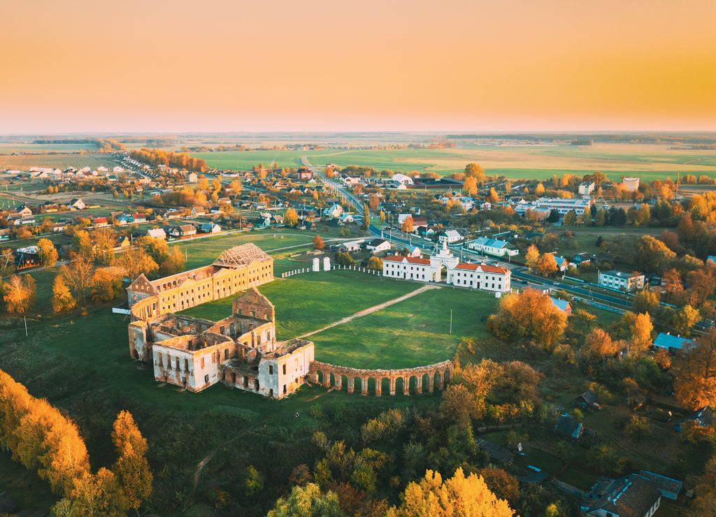 Ruzhany, Brest Region, Belarus. Cityscape Skyline In Autumn Sunny Evening. Bird's-eye View Of Ruzhany Palace. Famous Popular Historic Landmark