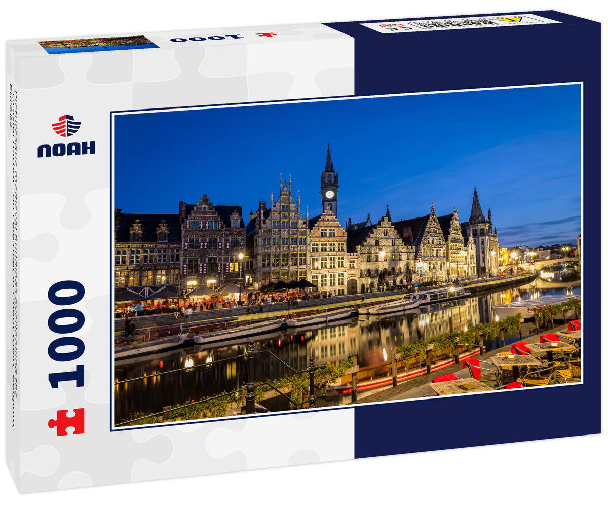 Picturesque medieval buildings overlooking the "Graslei harbor" on Leie river in Ghent town, Belgium, Europe