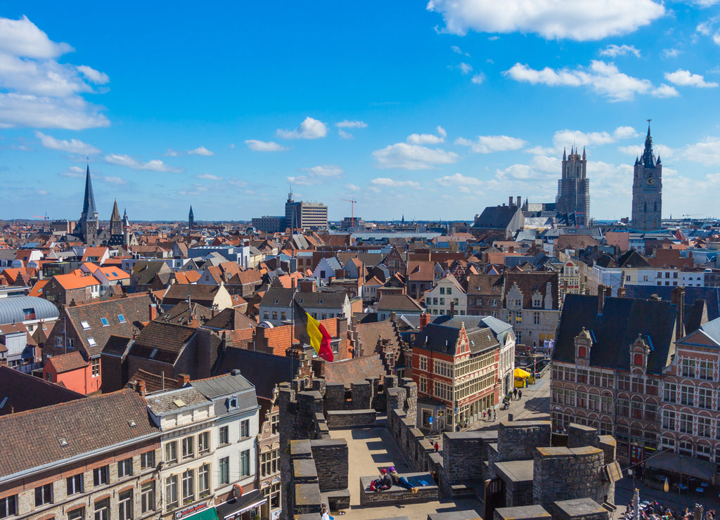 View on old town Ghent panorama from Gravensteen castle Gent, Belgium