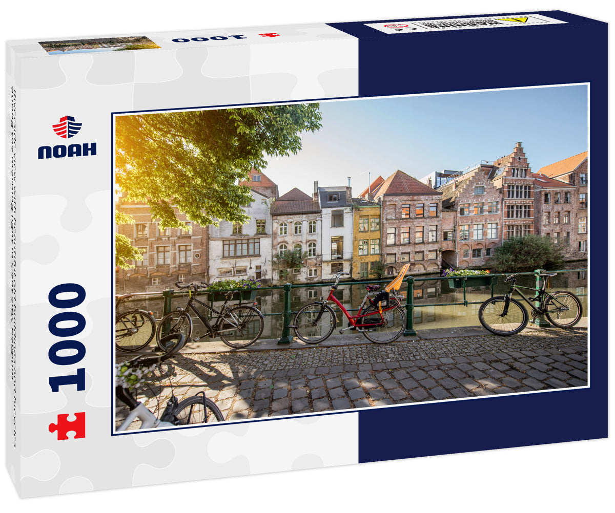 Riverside view with beautiful old buildings and bicycles during the morning light in Gent city, Belgium