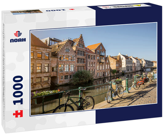 Riverside view with beautiful old buildings and bicycles during the morning light in Gent city, Belgium