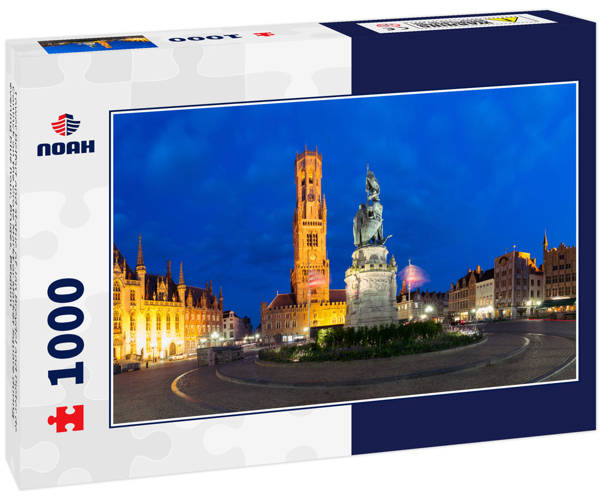 Tower Belfort and statue of Jan Breydel and Pieter de Coninck on the Grote Markt or Market Square during evening blue hour, Bruges, Belgium