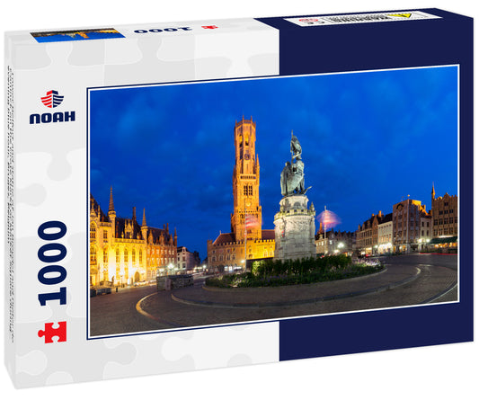 Tower Belfort and statue of Jan Breydel and Pieter de Coninck on the Grote Markt or Market Square during evening blue hour, Bruges, Belgium