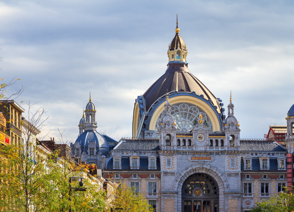 Beautiful view of the exterior architecture of the historic Antwerp Central Station in Antwerp, Belgium