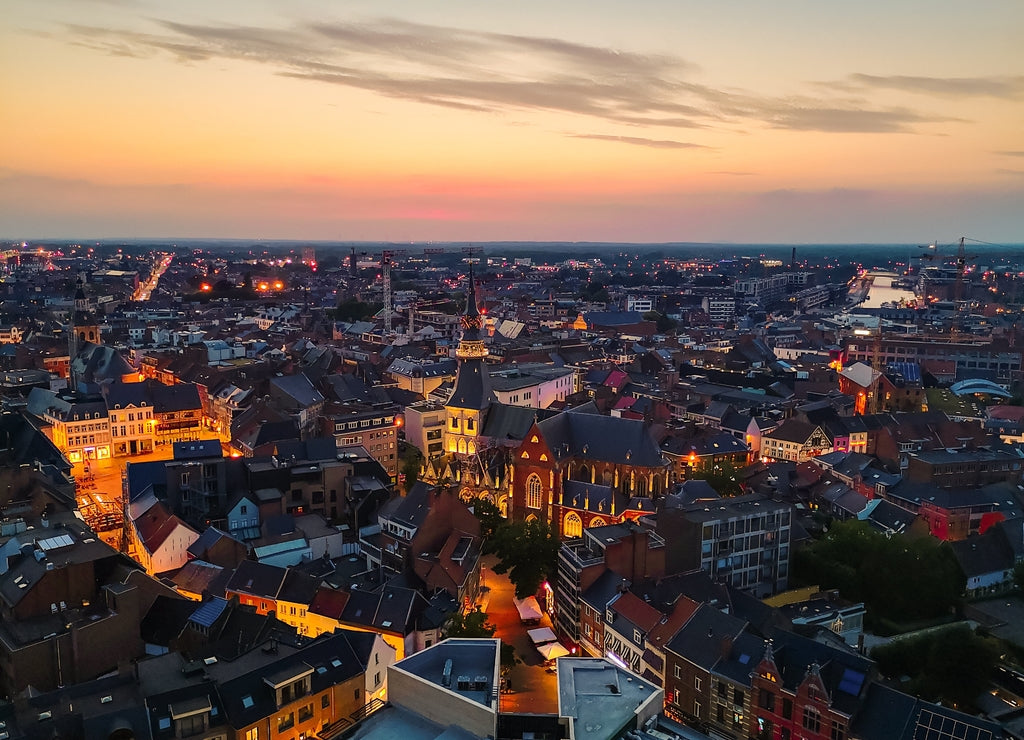 Hasselt city center skyline shortly after sunset, Limburg province, Belgium