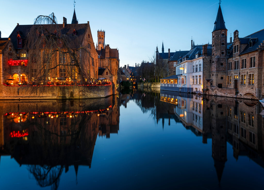 Sunset in the most tourist places of Bruges, Belgium