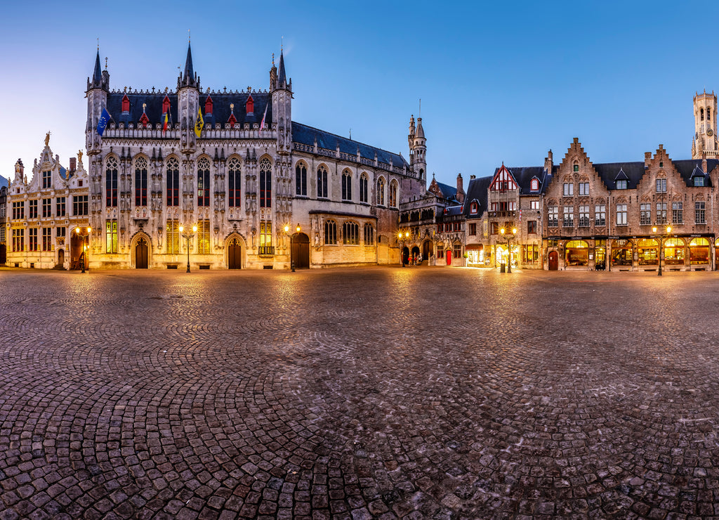 Sunset in the most tourist places of Bruges, Belgium