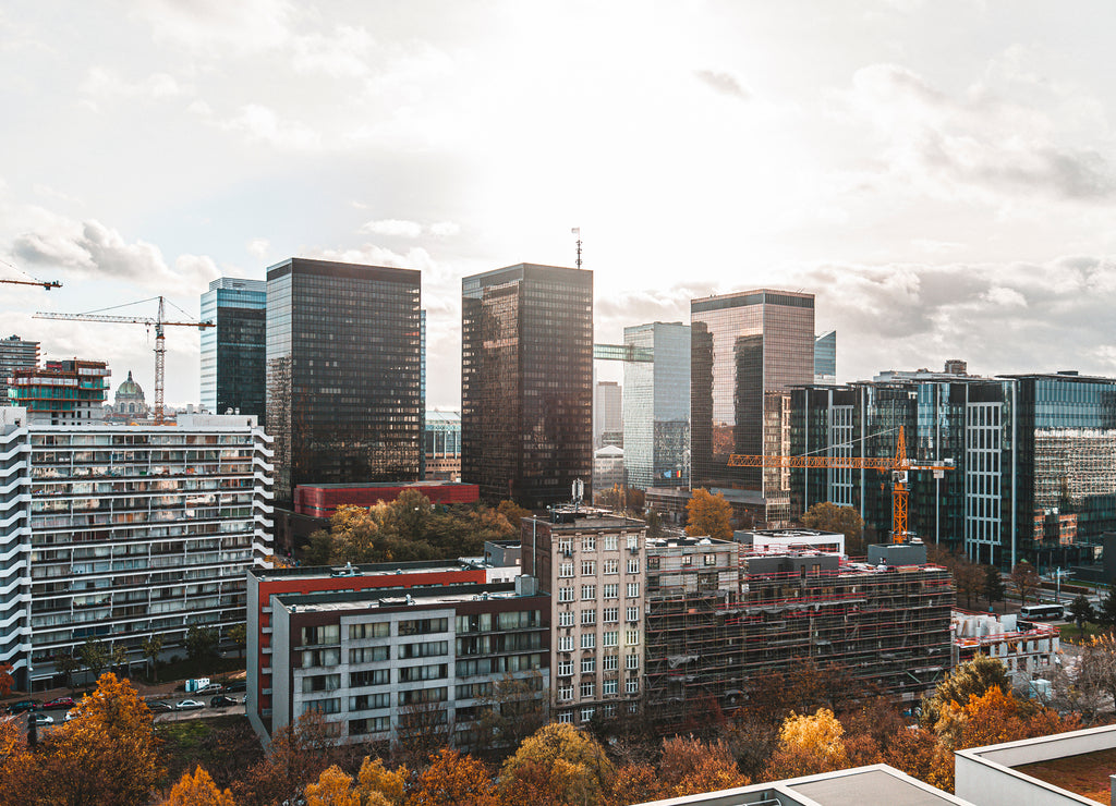 Cityscape of downtown Brussels with business scyscrapers in late morning hours