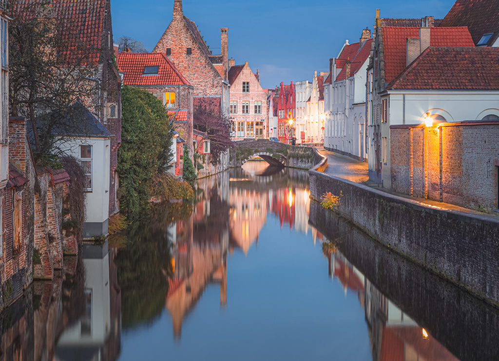 A calm quiet night along a beautiful canal in old town Bruges, Belgium