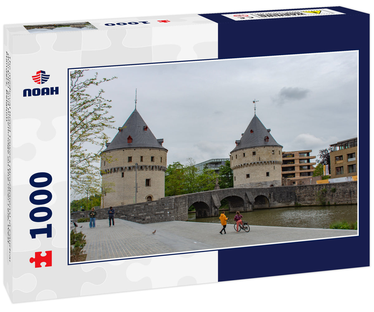 The medieval Broel Towers (Broeltorens) in Courtrai (Kortrijk) and Broelbridge on the river Leie, West Flanders, Belgium